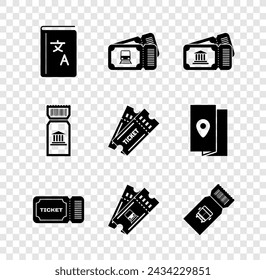 Set Translator book, Train ticket, Museum, Ticket, Bus,  and  icon. Vector