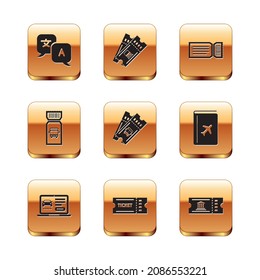 Set Translator, Online car sharing, Ticket, Bus ticket, Museum and Train icon. Vector