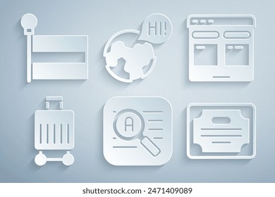 Set Translator, Online translator, Suitcase, Certificate template, Learning foreign languages and Flag icon. Vector