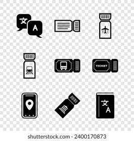 Set Translator, Ticket, Airline ticket, Infographic of city map, Museum, book, Train and Bus icon. Vector