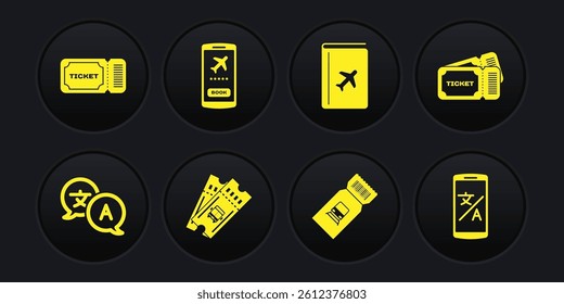 Set Translator, Ticket, Bus ticket, Train, Cover book travel guide, Mobile with, Online translator and  icon. Vector