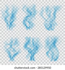 Set of translucent blue smoke on transparent background. Transparency only in vector format