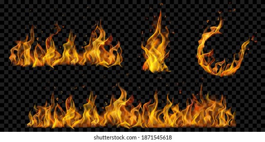 Set of translucent burning arc and campfires of flames and sparks on transparent background. For used on dark illustrations. Transparency only in vector format