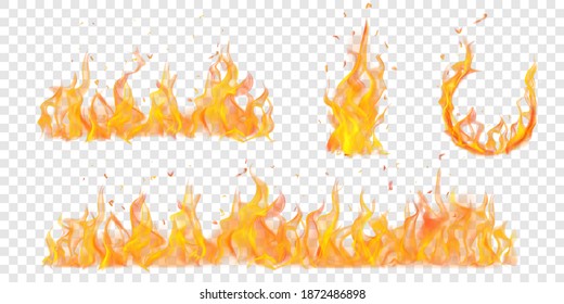 Set of translucent burning arc and campfires of flames and sparks on transparent background. For used on light illustrations. Transparency only in vector format