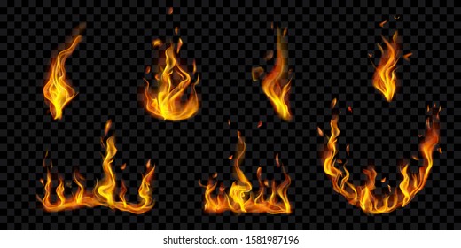 Set of translucent burning campfires and fire flames with sparks on transparent background. For used on dark illustrations. Transparency only in vector format