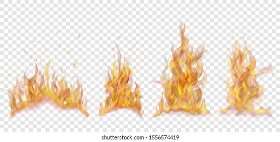 Set of translucent burning campfires of flames and sparks on transparent background. For used on light backgrounds. Transparency only in vector format