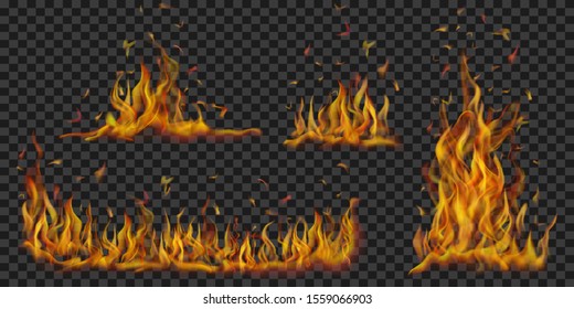 Set of translucent burning campfires of flames and sparks on transparent background. For used on dark backgrounds. Transparency only in vector format