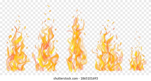 Set of translucent burning campfires of flames and sparks on transparent background. For used on light illustrations. Transparency only in vector format