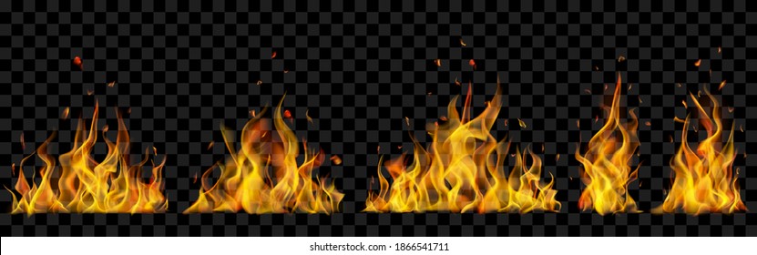 Set of translucent burning campfires of flames and sparks on transparent background. For used on dark illustrations. Transparency only in vector format