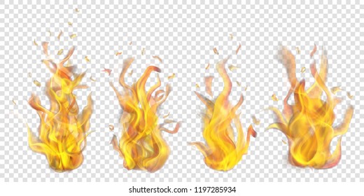 Set of translucent burning campfires on transparent background. For used on light backdrops. Transparency only in vector format