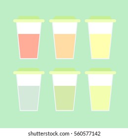 A set of translucent closed glasses with colorful lemonade. The drink for summer walks and picnics