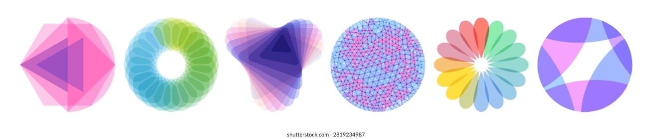 A set of translucent colored elements. Abstract geometric design. Triangle and circle with layer overlay and offset effects. Vector for a brochure, poster, cover, card, presentation, flyer, or banner.