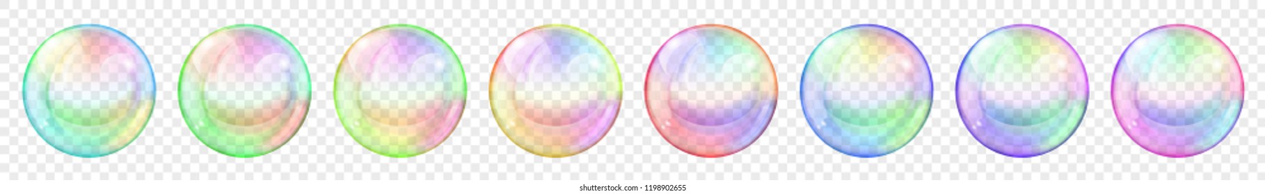 Set of translucent colored soap bubbles on transparent background. Transparency only in vector format