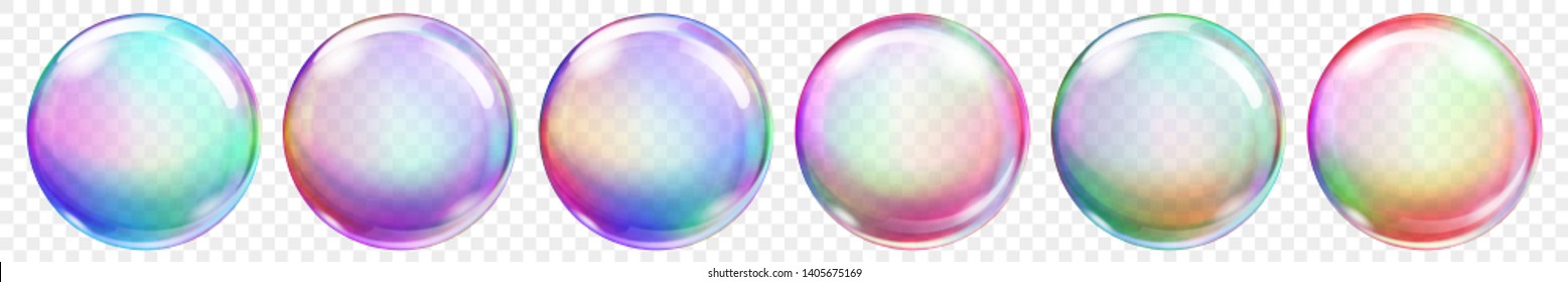 Set of translucent colored soap bubbles on transparent background. Transparency only in vector format
