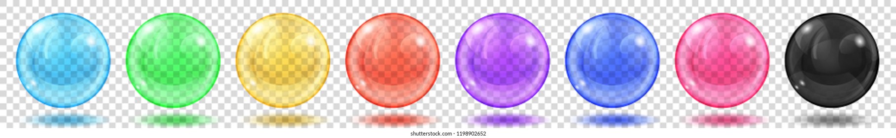 Set of translucent colored spheres with glares and shadows on transparent background. Transparency only in vector format