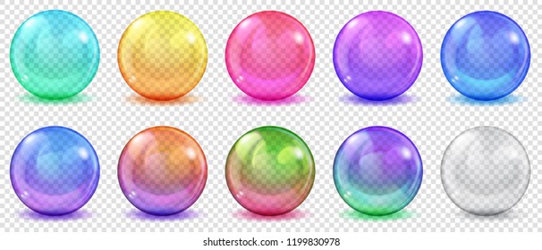 Set of translucent colored spheres with glares and shadows on transparent background. Transparency only in vector format