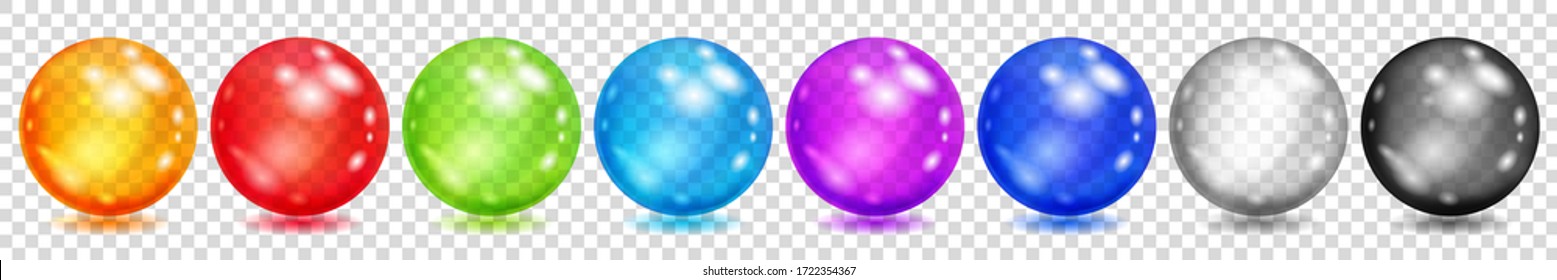 Set of translucent colored spheres with glares and shadows on transparent background. Transparency only in vector format