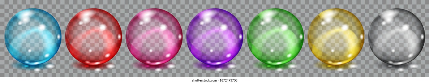 Conjunto de esferas de color translúcido con bombillas y sombras sobre fondo transparente. Transparencia sólo en formato vectorial