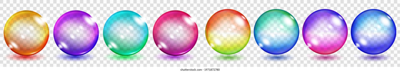 Set of translucent colored spheres with glares and shadows on transparent background. Transparency only in vector format