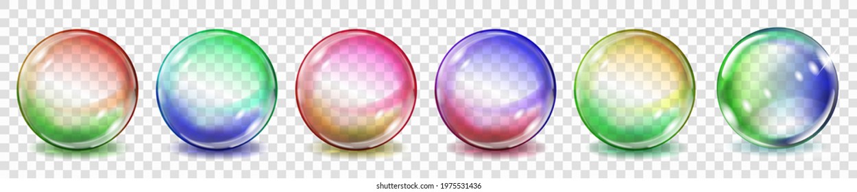 Set of translucent colored spheres with glares and shadows on transparent background. Transparency only in vector format