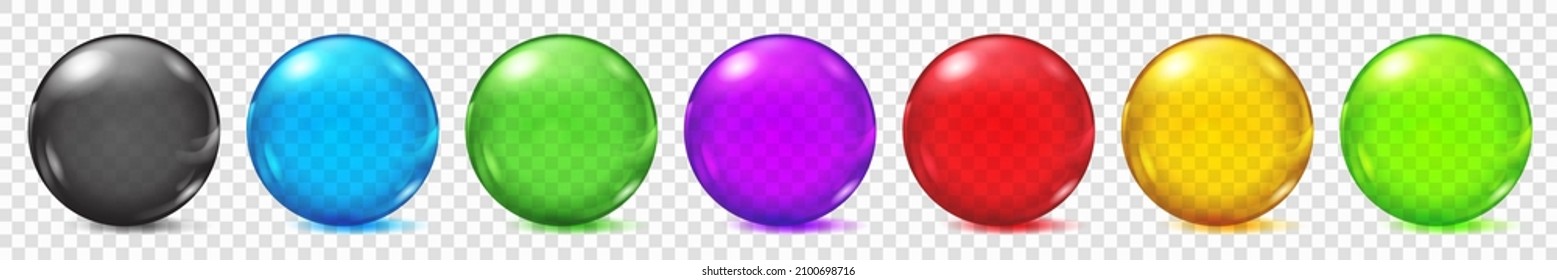 Set of translucent colored spheres with glares and shadows on transparent background. Transparency only in vector format