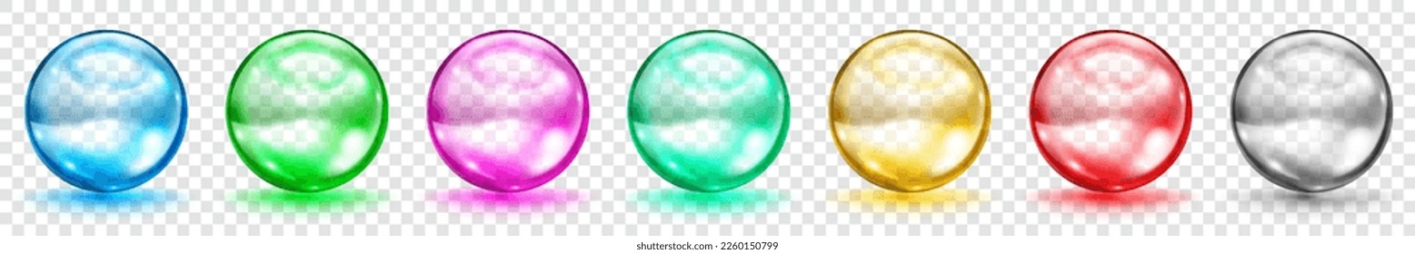 Set of translucent colored spheres with glares and shadows on transparent background. Transparency only in vector format