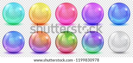 Set of translucent colored spheres with glares and shadows on transparent background. Transparency only in vector format