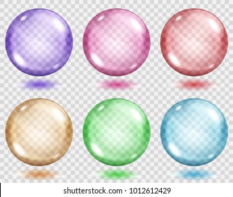 Set of translucent colored spheres with shadows on transparent background. Transparency only in vector format