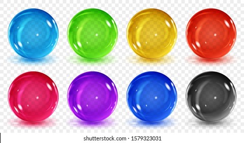 Set of translucent colored spheres with shadows on transparent background. Transparency only in vector format