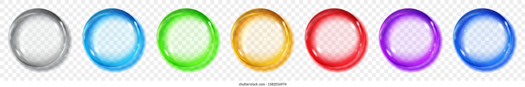 Set of translucent colored spheres with shadows on transparent background. Transparency only in vector format