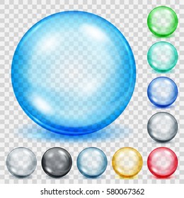 Conjunto de esferas de colores translúcidos con sombras sobre fondo transparente. Transparencia sólo en archivo vectorial