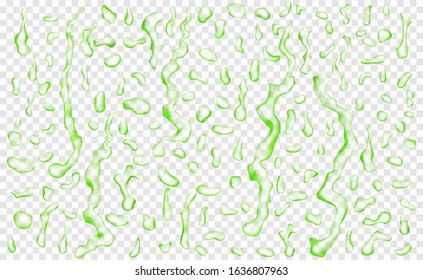 Set of translucent drops and streaks of water in green colors in various shapes, isolated on transparent background. Transparency only in vector format