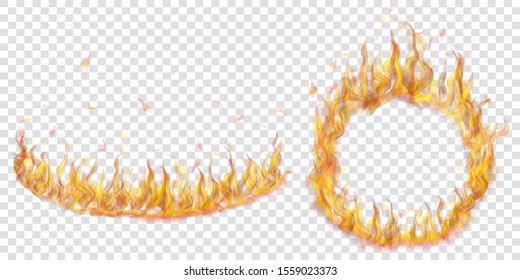 Set of translucent fire flames in the shape of an arc and a circle on transparent background. For used on light illustrations. Transparency only in vector format