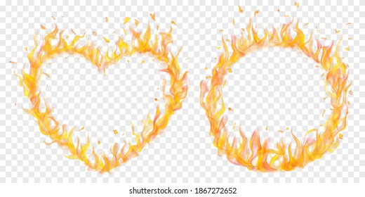 Set of translucent fire flames in the shape of circle and a heart on transparent background. For used on light illustrations. Transparency only in vector format