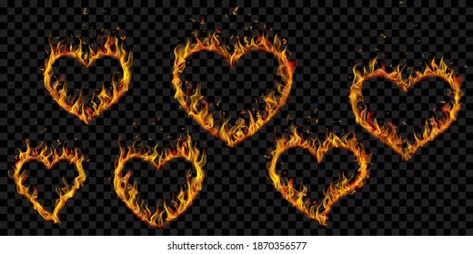 Set of translucent fire flames in the shape of a heart on transparent background. For used on dark illustrations. Transparency only in vector format