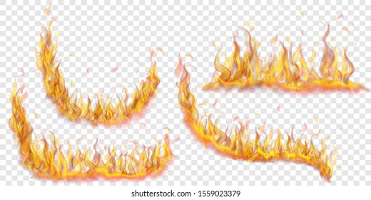 Set of translucent fire flames of various shapes on transparent background. For used on light illustrations. Transparency only in vector format
