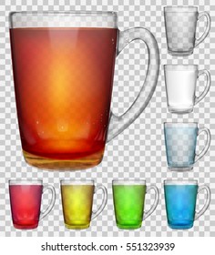 Set of translucent glass cups with multicolored drinks on transparent background. Transparency only in vector file