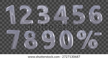 Set of translucent glass numbers and symbols with a glossy finish. Displayed on a checkered background in a 3D style. Includes digits from zero to nine and percentage sign.