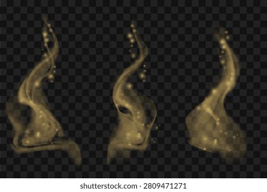 Set of translucent gray smoke clouds on transparent background. Realistic vector stream waves from hot food, morning coffee or cigarette. Abstract fog and mist effect design pattern Vector.