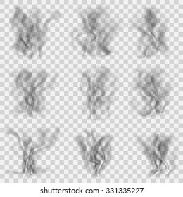 Set of translucent gray smoke on transparent background. Transparency only in vector format