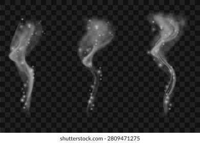 Set of translucent gray smoke renders on transparent background. Realistic vector stream waves from hot food, morning coffee or cigarette. Abstract fog and mist effect design dynamic Vector.
