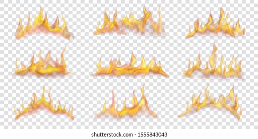 Set of translucent horizontal fire flames on transparent background. For used on light backgrounds. Transparency only in vector format