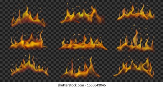 Set of translucent horizontal fire flames on transparent background. For used on dark backgrounds. Transparency only in vector format