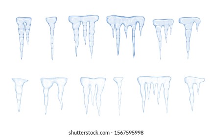 Set of translucent light blue icicles on white background. Vector illustration 