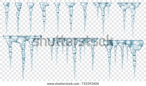 Set of translucent light\
blue icicles on transparent background. Transparency only in vector\
file