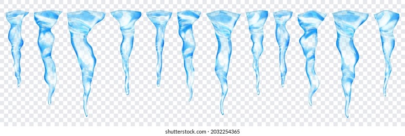 Set of translucent light blue realistic icicles of different lengths on transparent background. Transparency only in vector format