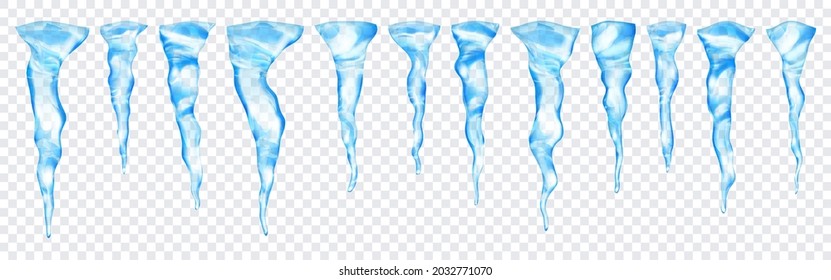 Set of translucent light blue realistic icicles of different lengths on transparent background. Transparency only in vector format