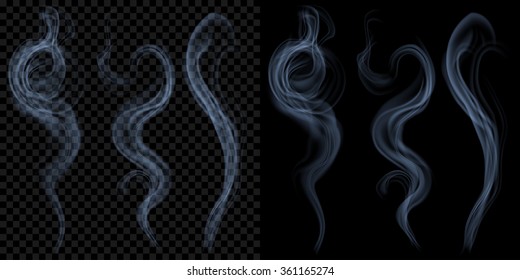 Set of translucent light blue smoke on transparent and black background. Transparency only in vector format