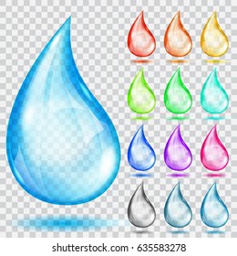 Set of translucent multicolored drops with shadows, isolated on transparent background. Transparency only in vector format