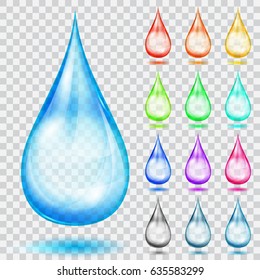 Set of translucent multicolored drops with shadows, isolated on transparent background. Transparency only in vector format